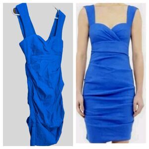 NWT Artelier Nicole Miller Sofia Dress Womens 8 Blue Stretch Linen Bodycon
